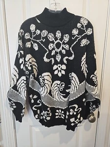 Vintage Andrew St John schwarz-weiß Blumen Strick Stehkragen Pullover Größe M - Bild 1 von 5