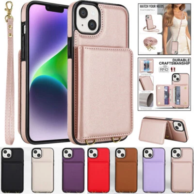 Strap Leather Card Slot Phone Case For iPhone 16 15 14 13 12 11 Pro Max 7 8 16E - Image 1 of 4