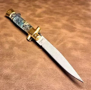 Kissing Crane Genuine Abalone Real Damascus Steel Stiletto Manual Pocket Knife - Picture 1 of 5