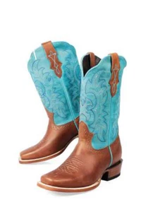 BOOTS WOMEN'S COWGIRL AQUA AND BROWN LEATHER IMPORT USA - Picture 1 of 1