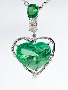 Natural emerald necklace 18k white gold pendant Natural Diamond - Picture 1 of 10