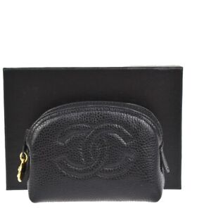 CHANEL CC Logo Coin Case Purse Mini Pouch Caviar Skin Leather Black 62JG149