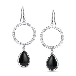 925 Sterling Silver Natural Black Onyx Circle Drop Dangle Earring for Women 52MM - Picture 1 of 6