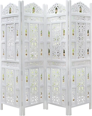 Room Divider Wood Screen - Ghanti Bells Antique - 4 Panel Folding 72 x 80 -White - Image 1 of 4