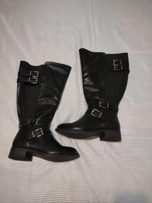 TORRID WIDE CALF KNEE HIGH Women's Boots 6 WW black zip elastic 4 buckle EUC - Image 1 of 4