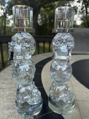 Tahari Skull Crystal Candle Holder Set of 2 Taper 3 Tiers Clear Halloween NWT - Image 1 of 4
