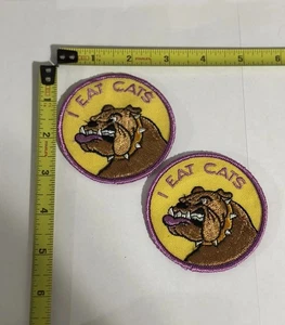 PAIR (2) Vintage 1970s I Eat Cats Bulldog Patch Hippie Funny Motorcycle Trucker - Picture 1 of 4