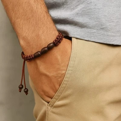 🤎 Pulsera Unisex Hecha a Mano - Cuentas de Madera Marrón Oscuro sobre Cordón de Satén Chocolate Foto 1 de 4