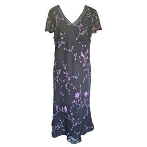 Elegant Black & Purple Floral Midi Dress Size 14 – Sheer Flutter Sleeves  - Picture 1 of 9