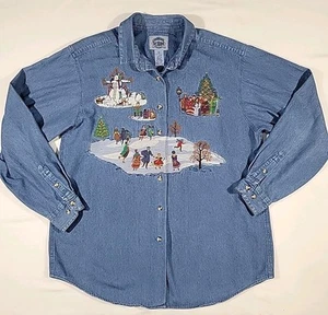 Denim Embroidered Christmas Button Up Shirt Women's Size XL Ice Skating Snowmen - Picture 1 of 11