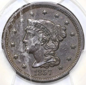 1857 1c N-2 Small Date Braided Hair Large Cent PCGS XF Detail Cleaned - Picture 1 of 5