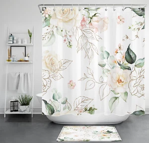 Green Eucalyptus Leaf Pink Rose Floral Shower Curtain Bathroom Accessories Set - Picture 1 of 21