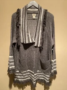 Telluride Clothing Shawl Collar Drape Front Cardigan Sweater Striped Fringe Gray - Picture 1 of 6