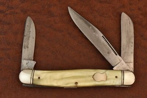 VINATGE BOKER TREE BRAND MADE IN USA YELLOW CRACKED ICE STOCKMAN KNIFE (21897) - Picture 1 of 6