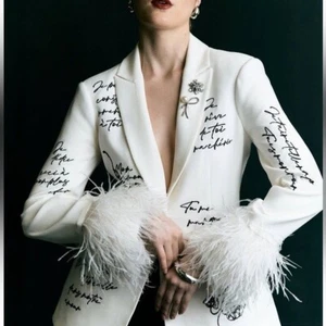 New Cinq a Sept Love Letter Cheyenne Blazer Ostrich Feather Cuffs White Sz 4 - Picture 1 of 16