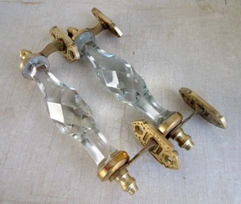 Vintage Look Brass Clear Glass Victorian Cut 2 Pc Pull Push Door Drawer Handles Cover