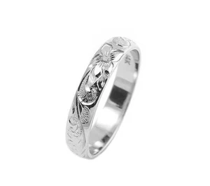 14K WHITE GOLD CUSTOM HAND ENGRAVED HAWAIIAN QUEEN PLUMERIA SCROLL BAND RING 4MM - Picture 1 of 4