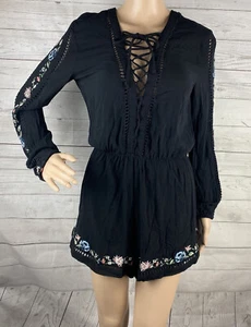 Kendall & Kylie Romper Small Black Pink Blue Floral Embroidered Lace Up Short - Picture 1 of 12