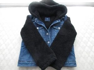Gap Kids Unisex Blue Denim & Black Sherpa Hoodie Long Sleeves Jacket, Sz XL/12 - Picture 1 of 12