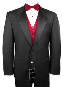 Sizes 34-64 Reg. Men's 6-Piece Tuxedo w/Flat Front Pants, Red Vest & Bow-Tie - Picture 1 of 5