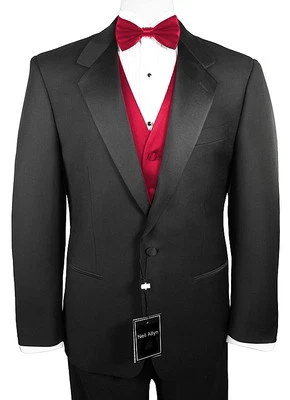 Sizes 34-64 Reg. Men's 6-Piece Tuxedo w/Flat Front Pants, Red Vest & Bow-Tie - Image 1 of 4