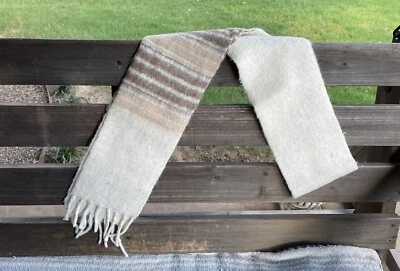 ✅ Cachecol listrado vintage 100% lã alpaca unissex bege e marrom com franjas América do Sul - Imagem 1 de 4