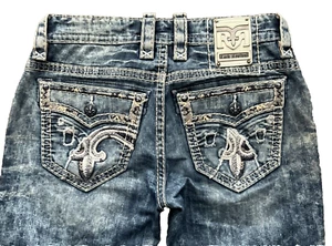Mens Rock Revival Destroyed PRUITT Straight Leather insert Faux Flap Jeans 31x31 - Picture 1 of 15