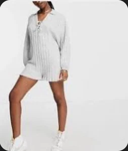 Lost ink oversized knitted romper with tie front in grey, Women’s, UK S - Picture 1 of 4