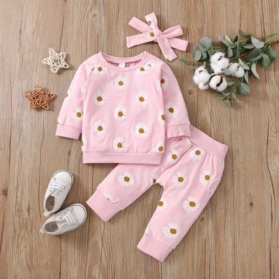 Set Tops T-shirt Pants Leggings Headband Newborn Baby Girl Daisy Outfits Clothes - Image 1 of 4
