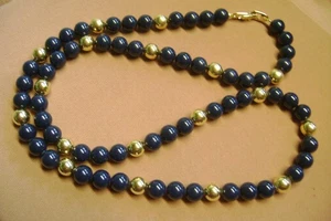 VINTAGE SIGNED NAPIER PATENT #  30" LENTH DARK BLUE AND GOLD BEADED  NECKLACE - Picture 1 of 7
