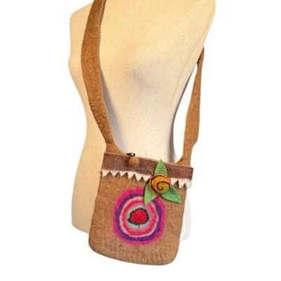 Handmade Wool Felt Crossbody Bag Purse Made in Nepal Bohemian Neutral Festival - Image 1 of 4