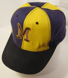 Muscatine Muskies Hat Unisex Adjustable Purple Yellow Vtg Color Block M Logo Cap - Picture 1 of 11