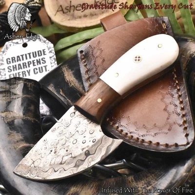 Ashen Edge Hand Forged Skinner Knife Rain Drop Damascus Bone Wooden Bolster Gift - Image 1 of 4