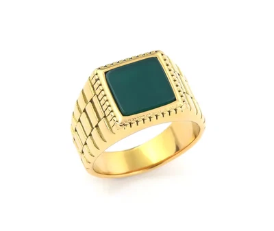 Anillo de acero inoxidable color dorado forma cuadrada piedra de ónix verde para hombre elegante Foto 1 de 4
