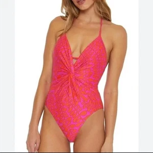 Trina Turk Trellis Plunge Vibrant Pink & Yellow One Piece Swimsuit Size 6 Luxury - Picture 1 of 5
