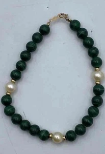 14k Gold Verschluss und Perle Natur Malachit Perlenarmband Kunstperle - Bild 1 von 4