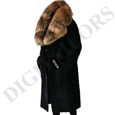 Nueva gabardina larga de piel de cordero persa negra para hombre con cuello de chal de piel de mapache Foto 1 de 4