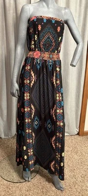 New York & Co Strapless Maxi Dress Aztec  Western Resort Wear Neon Flowy Size M - Image 1 of 4