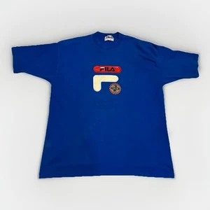 FILA 90s Vintage T-Shirt Logo Sewn Faux Leather Spell Out Blue XXL - Bild 1 von 5