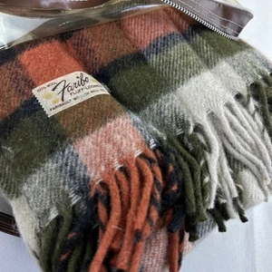 Coperta vintage Faribo lancio stadio lana telaio tartan plaid arancione verde oliva - Foto 1 di 7
