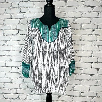 Blusa Lucky Brand Feminina Manga 3/4 Boho Branca Turquesa Top Paisley Tamanho Médio - Imagem 1 de 4