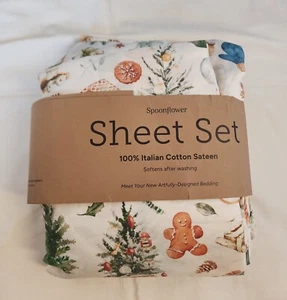 Spoonflower Christmas Holiday Themed Cotton Sateen Sheet Set USA FULL Size New - Picture 1 of 3