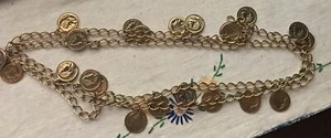 Chunky Gold tone round linked necklace with coin charms - 30" long - Picture 1 of 4