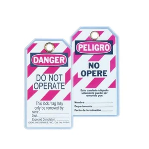 Ideal 44-841 Bilingual Lockout Tag Red Striped Background - Picture 1 of 1