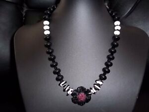"Night Bloom" custom lampwork necklace, white and black