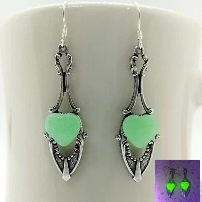 Art Deco Uranium Glass Earrings Heart Czech Glass