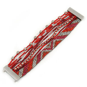 Silver/ Red/ Carrot/ Burgundy Glass Bead, Silk Cord Handmade Magnetic Bracelet
