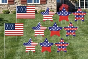 Patriotic Yard Sign Set with 9 Stars and 2 American Flags Corrugated Plastic USA - Picture 1 of 20