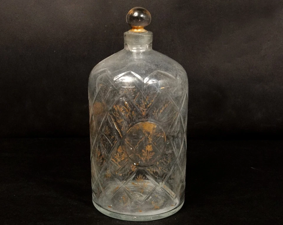 Grande Bottiglia Antico Tappo Vetro Soffiato Doratura Fiori Rosette Xviiiesimo - Immagine 1 di 1