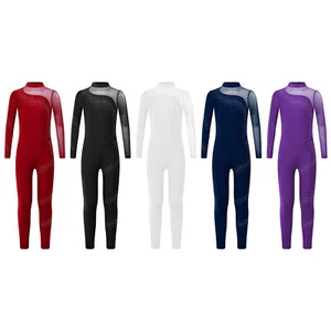 Kids Girls Bodysuit Biketard Jumpsuit Rhinestones Dancewear Long Sleeve Costume - Picture 1 of 47